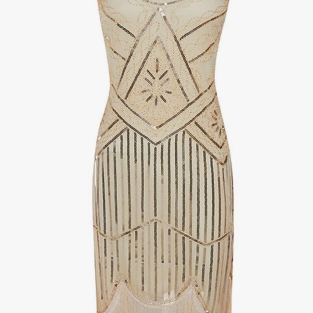 Unique Vintage 1920s Flapper Fringe Beaded Sequins Fringe Ivory dress Sz M #25 - Picture 5 of 6